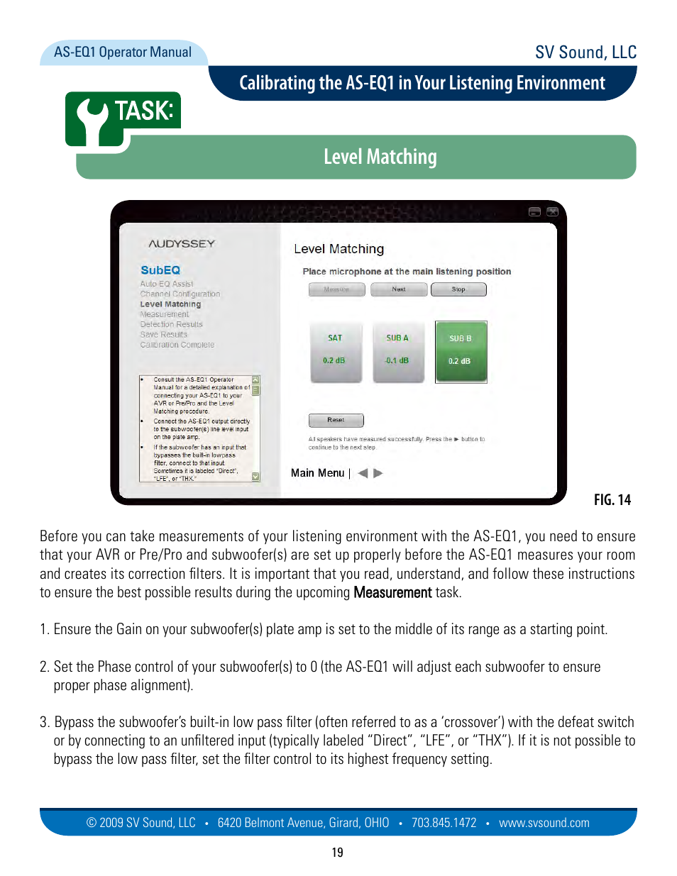 Level matching, Task, Sv sound, llc | SVS AS EQ1 User Manual | Page 19 / 37