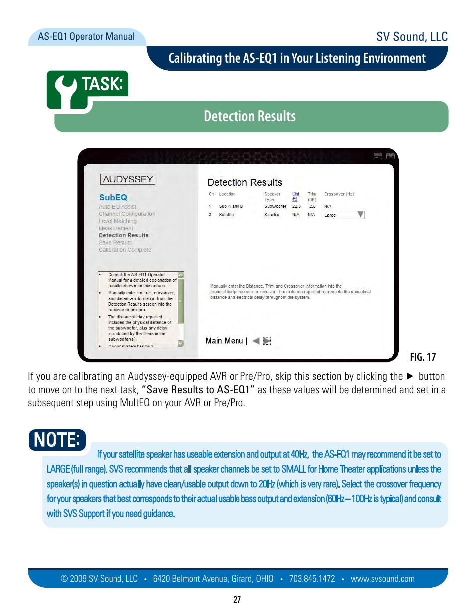 Detection results entry into avr or pre/pro, Task, Detection results | Sv sound, llc | SVS AS EQ1 User Manual | Page 27 / 37