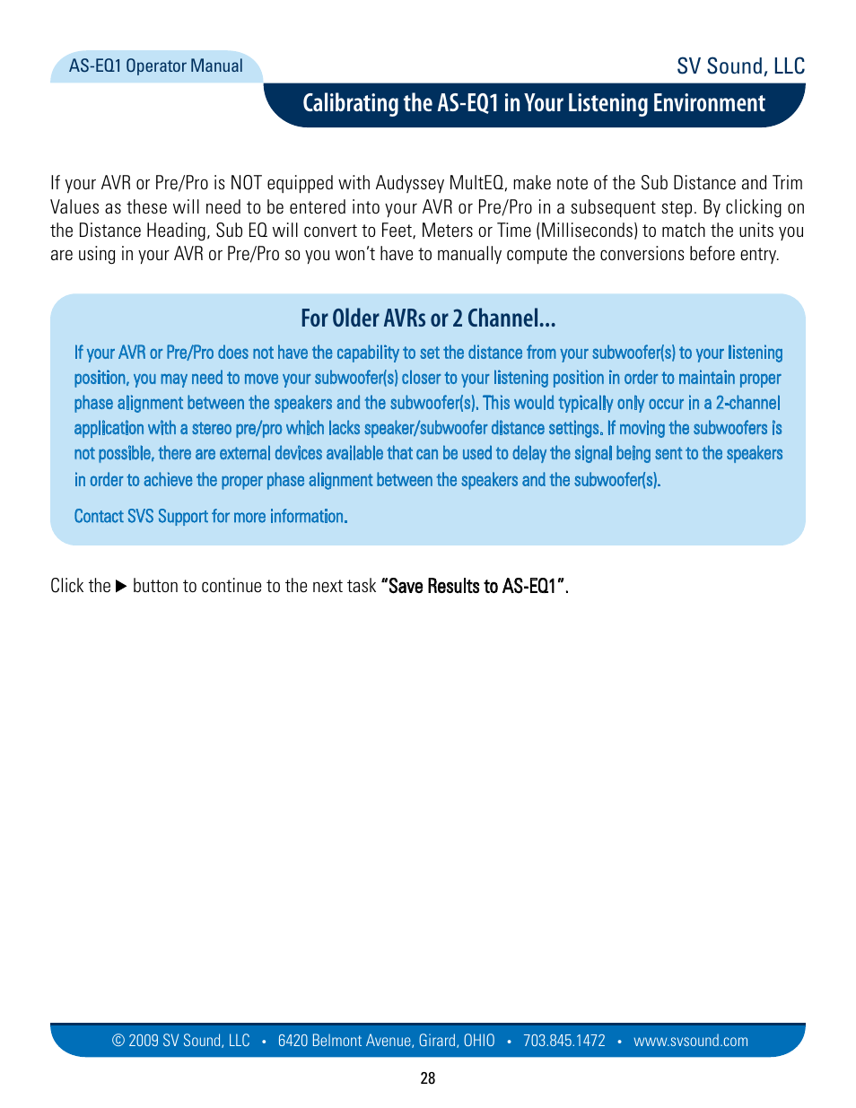 For older avrs or 2 channel, Sv sound, llc | SVS AS EQ1 User Manual | Page 28 / 37