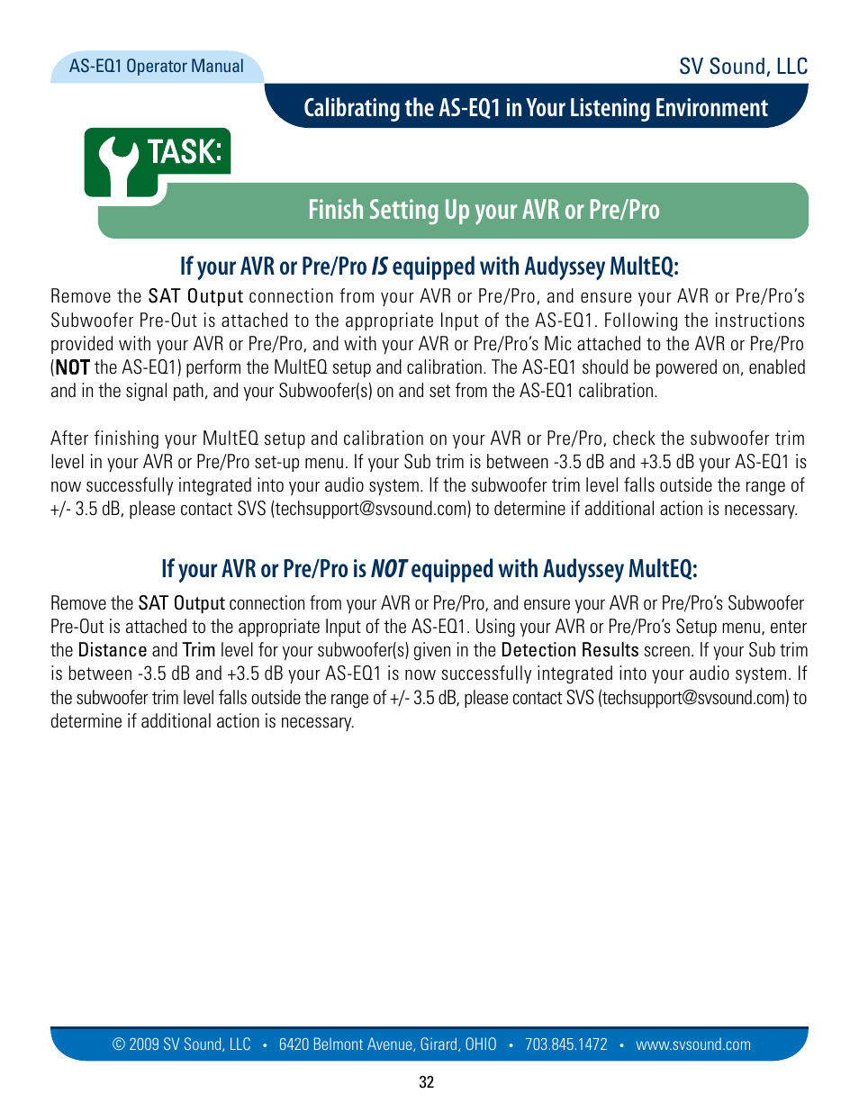 Finish setting up your avr or pre/pro, Task, Sv sound, llc | SVS AS EQ1 User Manual | Page 32 / 37