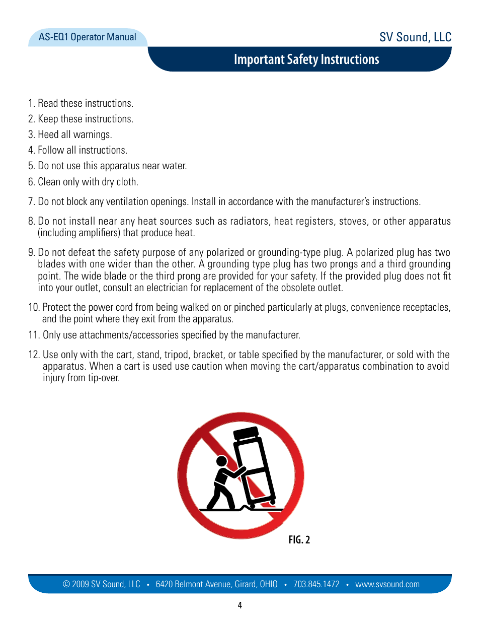 Safety instructions, Important safety instructions, Sv sound, llc | Fig. 2 | SVS AS EQ1 User Manual | Page 4 / 37