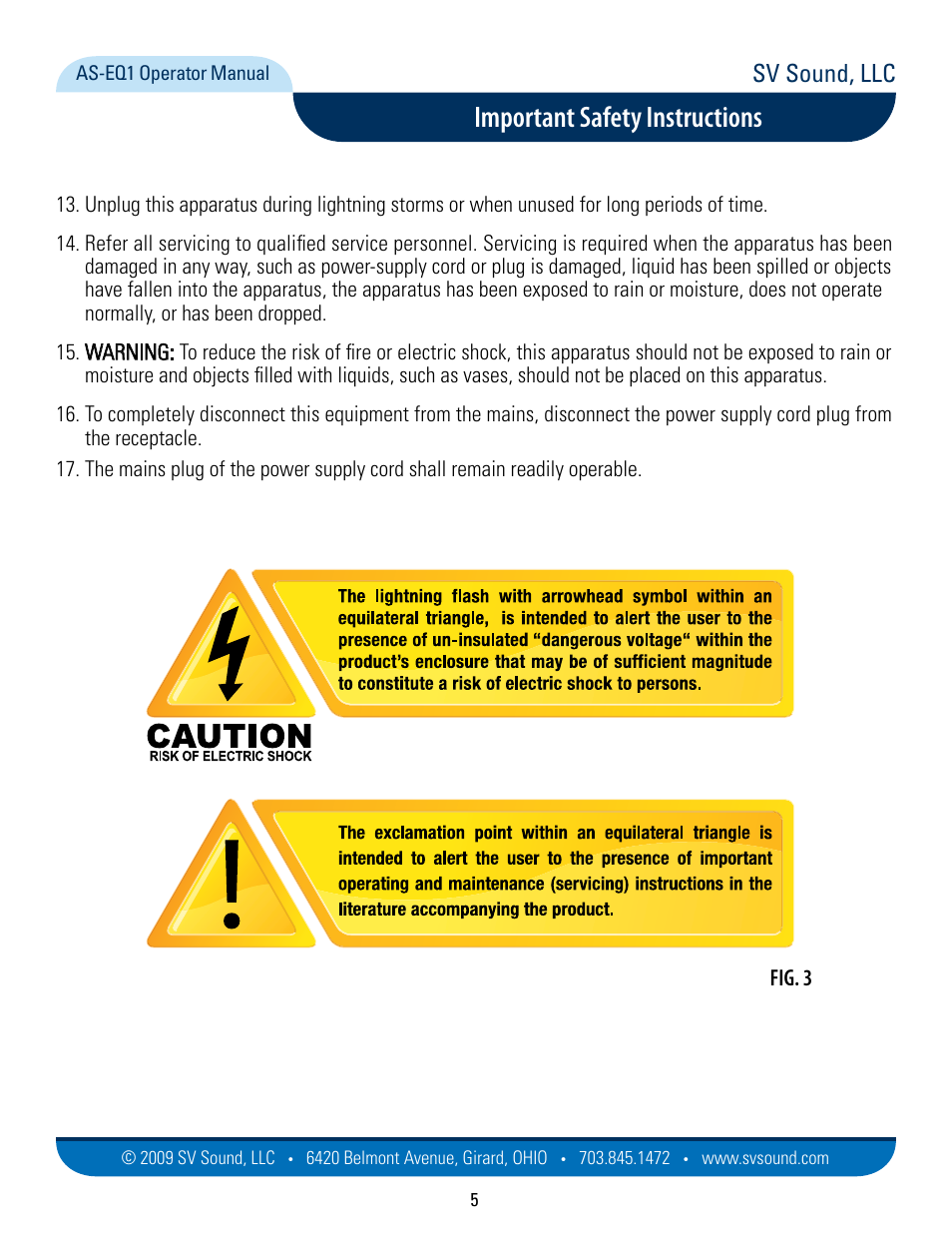 Important safety instructions, Sv sound, llc, Fig. 3 | SVS AS EQ1 User Manual | Page 5 / 37