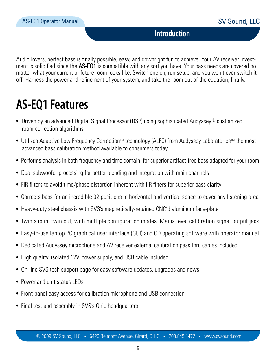 Introduction, As-eq1 features, Sv sound, llc | SVS AS EQ1 User Manual | Page 6 / 37