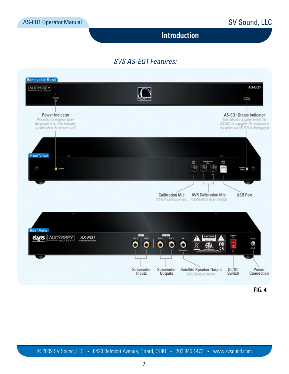Introduction, Sv sound, llc, Svs as-eq1 features: fig. 4 | SVS AS EQ1 User Manual | Page 7 / 37