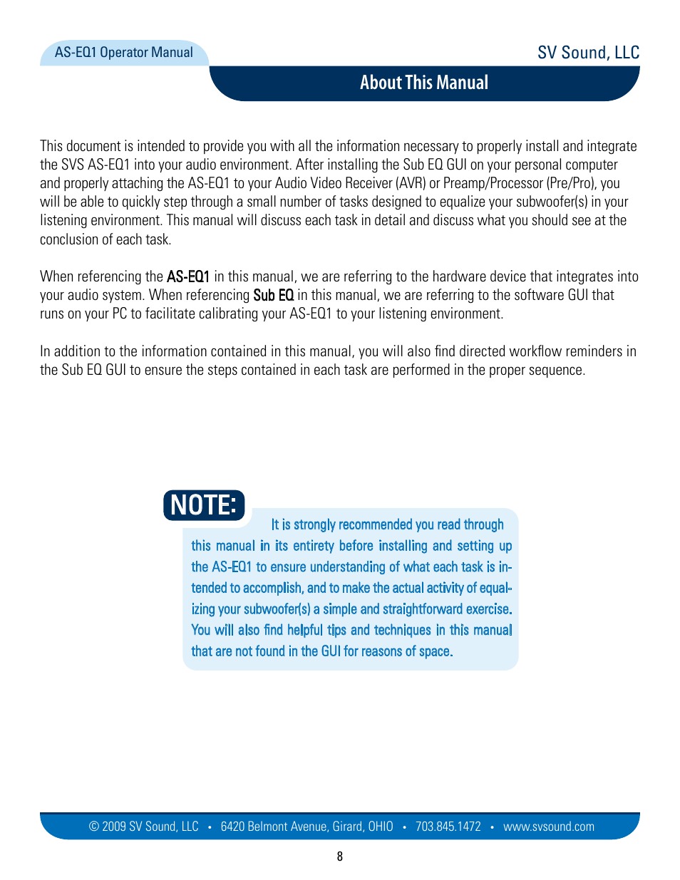 About this manual, Sv sound, llc | SVS AS EQ1 User Manual | Page 8 / 37