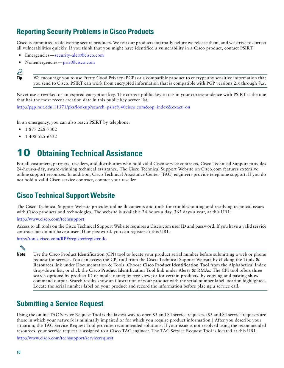 Reporting security problems in cisco products, 10 obtaining technical assistance, Cisco technical support website | Submitting a service request, Obtaining technical assistance | Cisco 1720 User Manual | Page 10 / 12