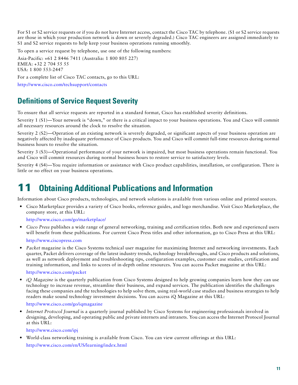 Definitions of service request severity, Obtaining additional publications and information | Cisco 1720 User Manual | Page 11 / 12