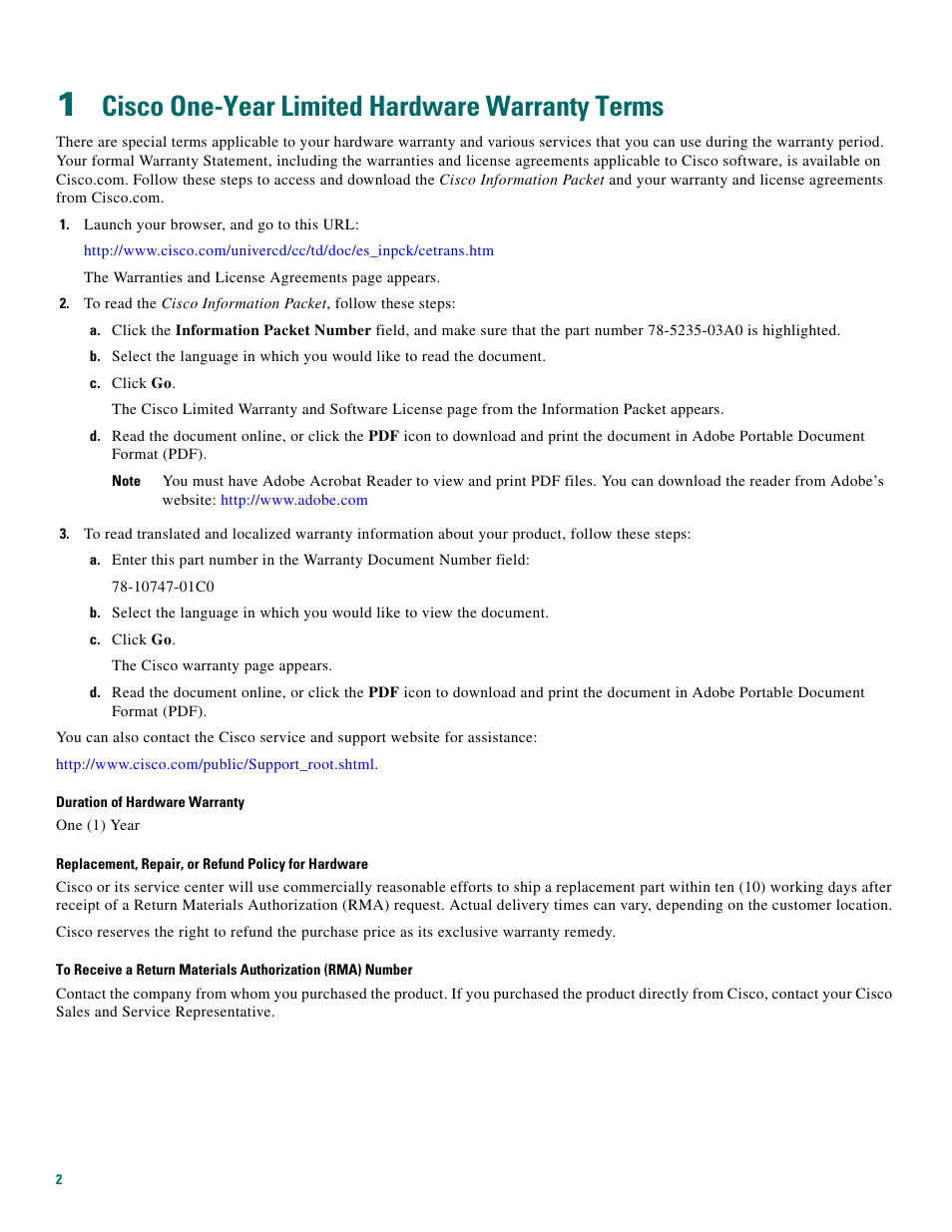 1 cisco one-year limited hardware warranty terms, Cisco one-year limited hardware warranty terms | Cisco 1720 User Manual | Page 2 / 12