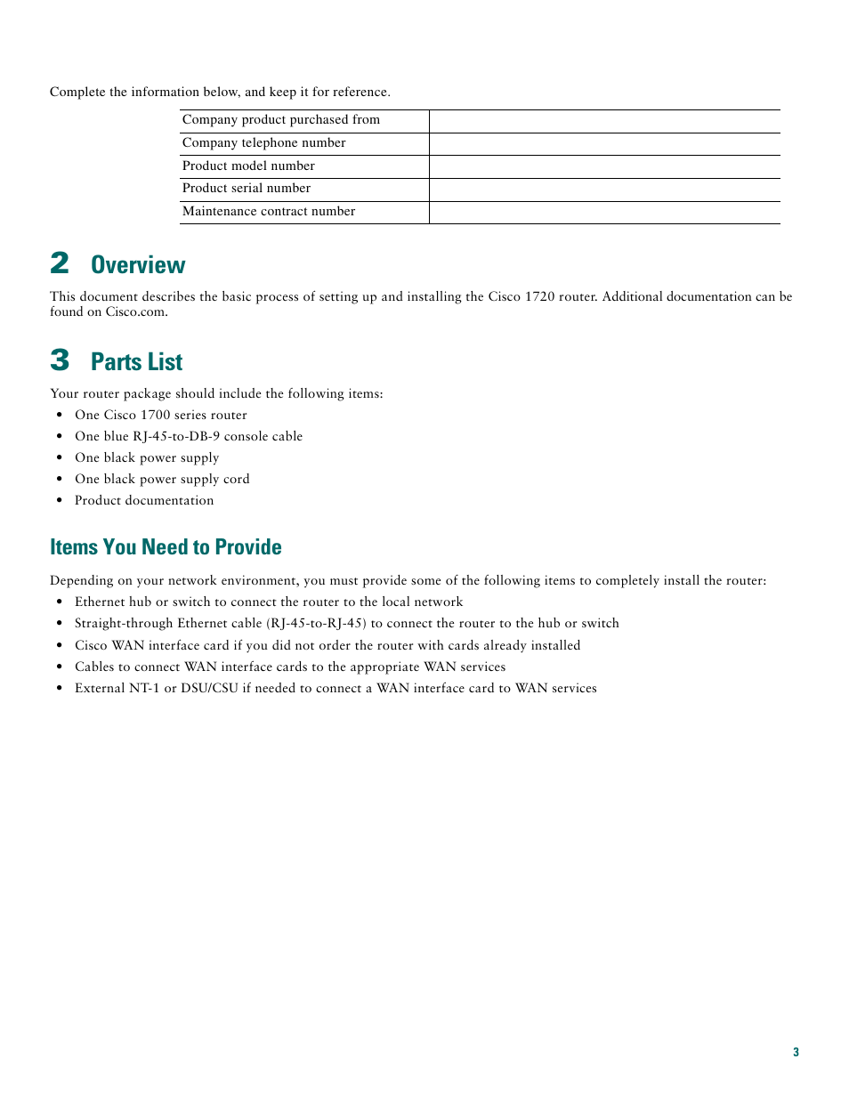 2 overview, 3 parts list, Items you need to provide | Overview, Parts list | Cisco 1720 User Manual | Page 3 / 12