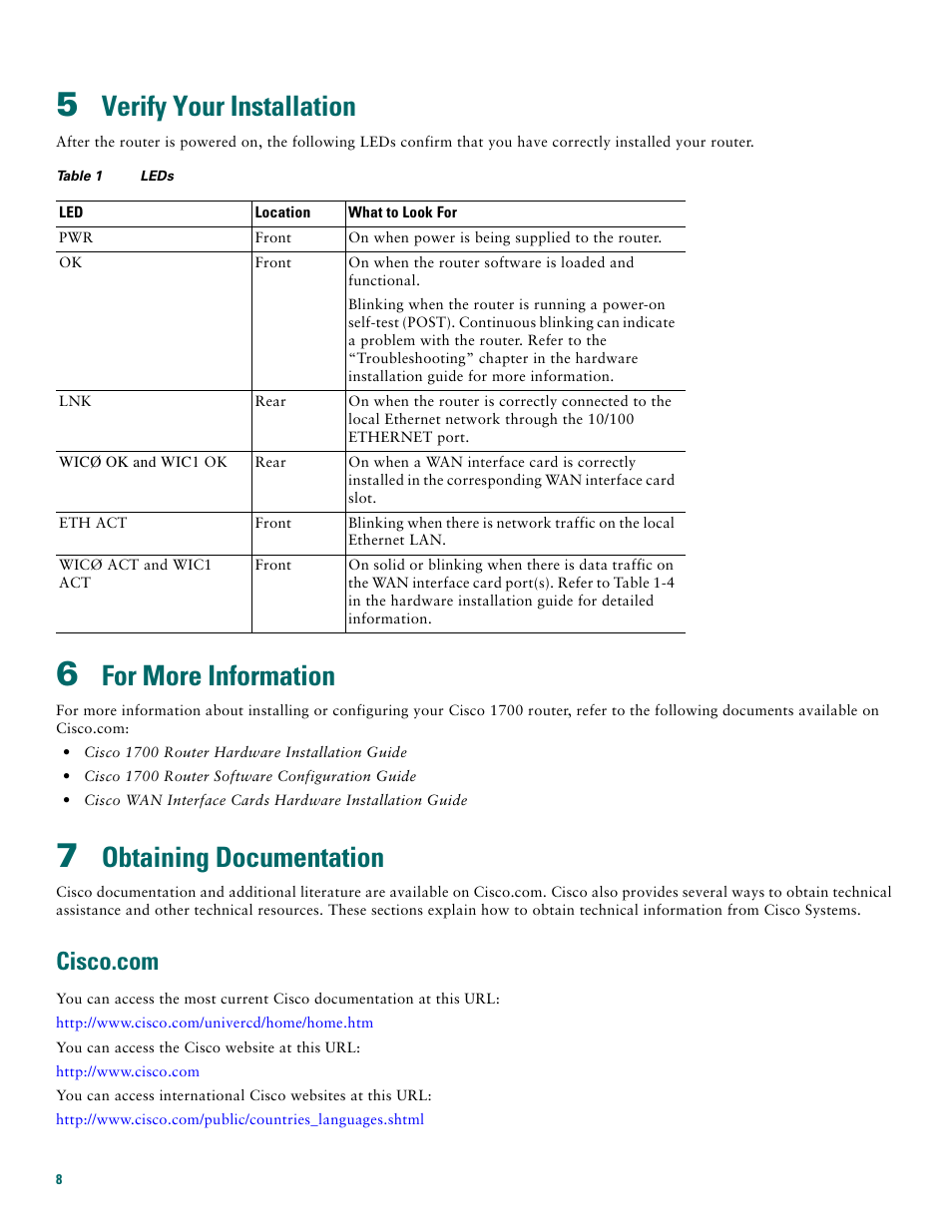 5 verify your installation, 6 for more information, 7 obtaining documentation | Cisco.com, Verify your installation, For more information, Obtaining documentation | Cisco 1720 User Manual | Page 8 / 12