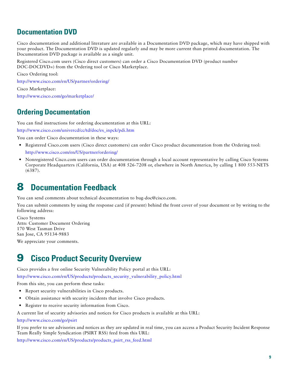 Documentation dvd, Ordering documentation, 8 documentation feedback | 9 cisco product security overview, Documentation feedback, Cisco product security overview | Cisco 1720 User Manual | Page 9 / 12