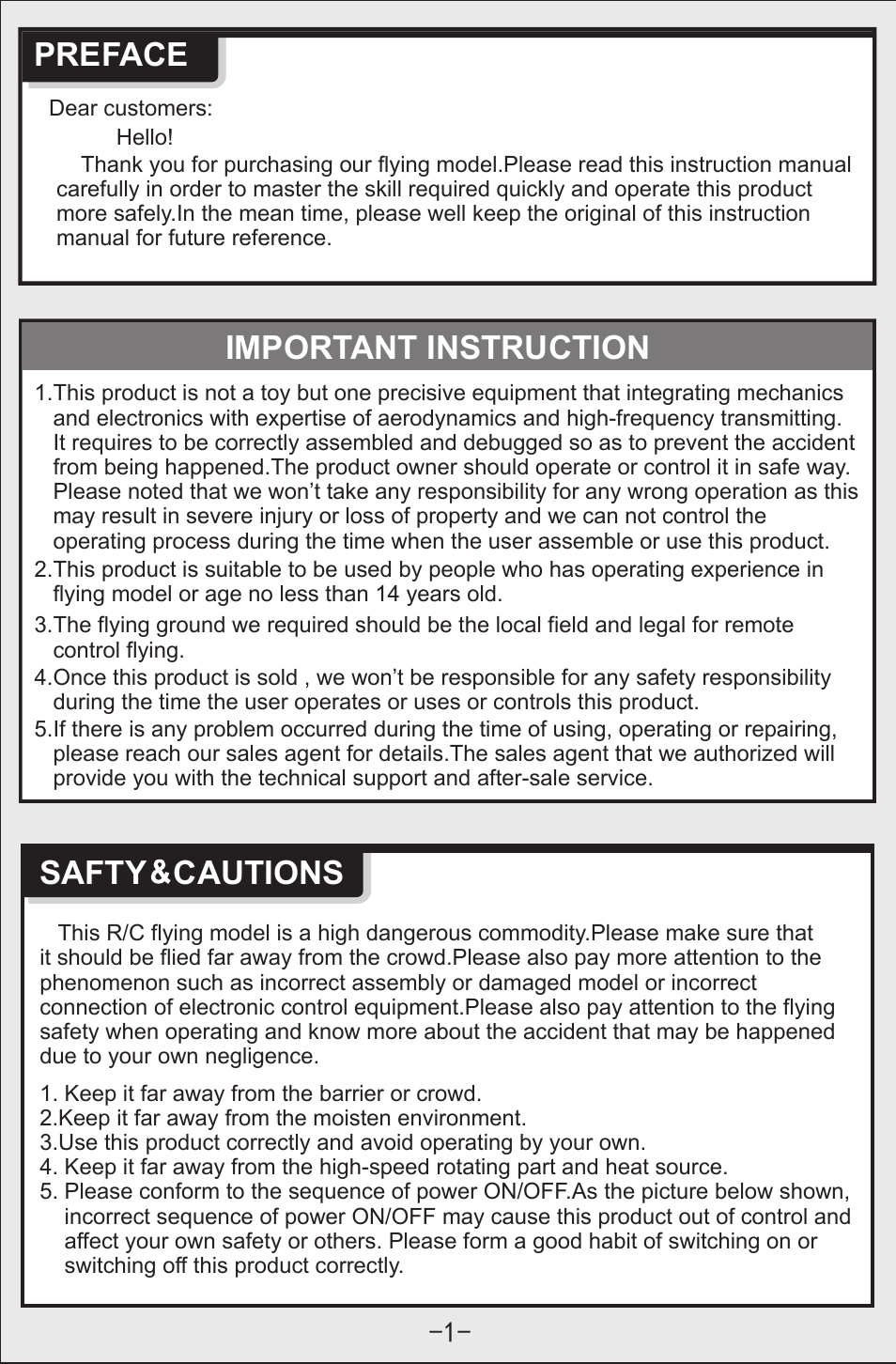 Preface, Important instruction, Safty cautions | Syma Toys X12 User Manual | Page 2 / 11