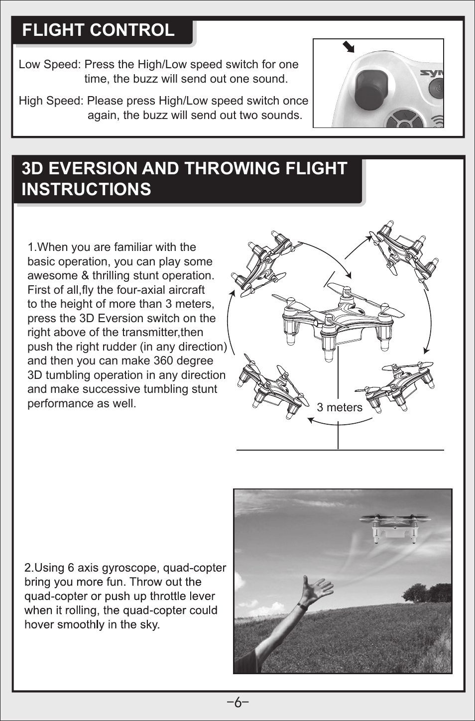 Flight control, 3d eversion and throwing flight instructions | Syma Toys X12 User Manual | Page 7 / 11