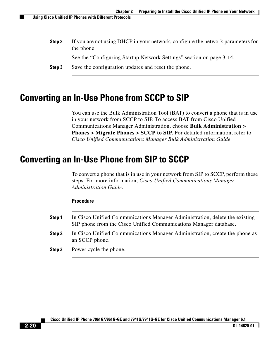 Converting an in-use phone from sccp to sip, Converting an in-use phone from sip to sccp | Cisco IP Phone 7961G-GE User Manual | Page 20 / 22