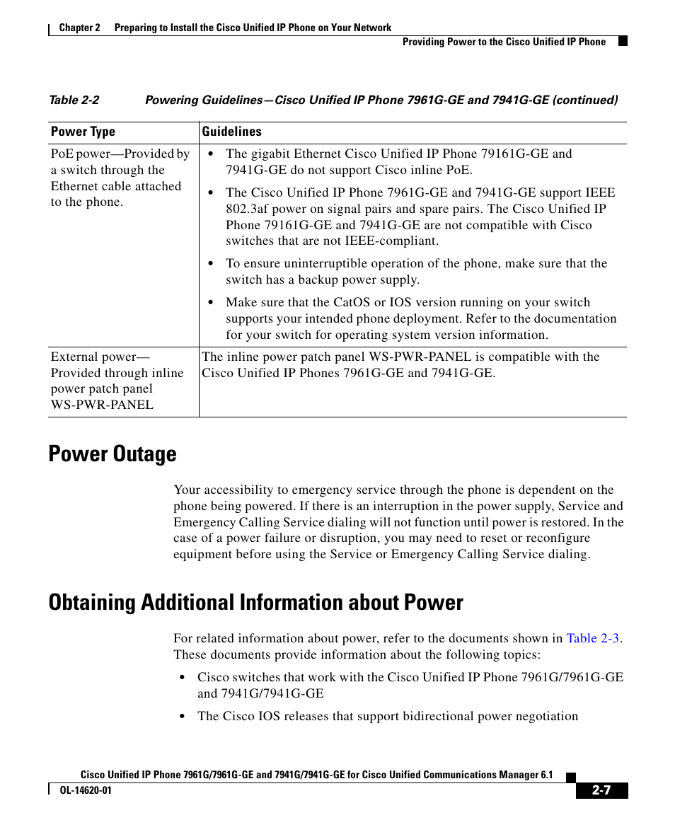 Power outage, Obtaining additional information about power | Cisco IP Phone 7961G-GE User Manual | Page 7 / 22