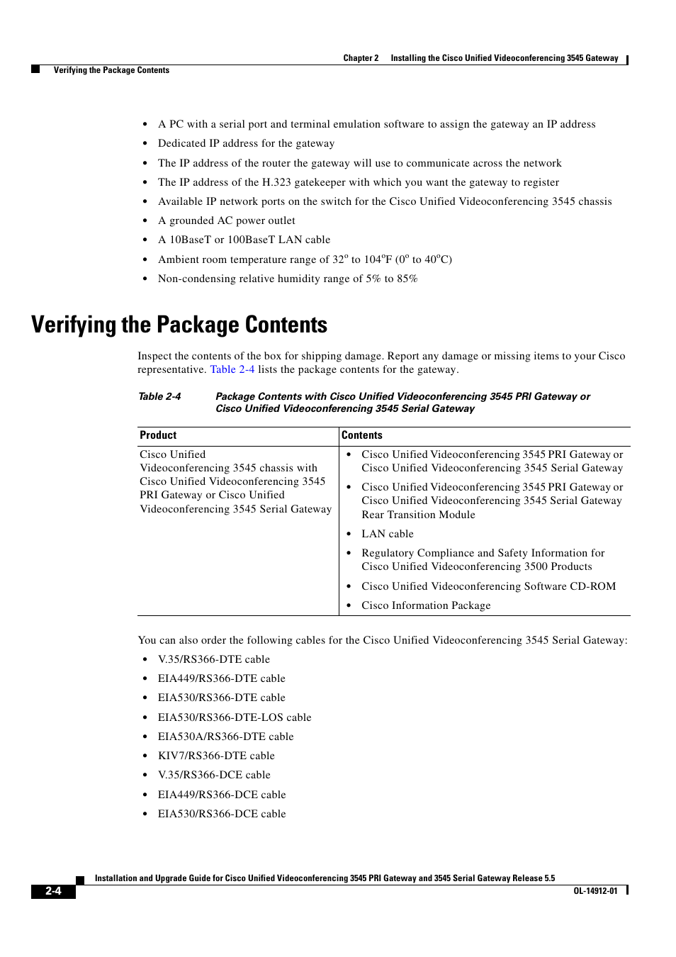 Verifying the package contents | Cisco 545 Serial User Manual | Page 24 / 74