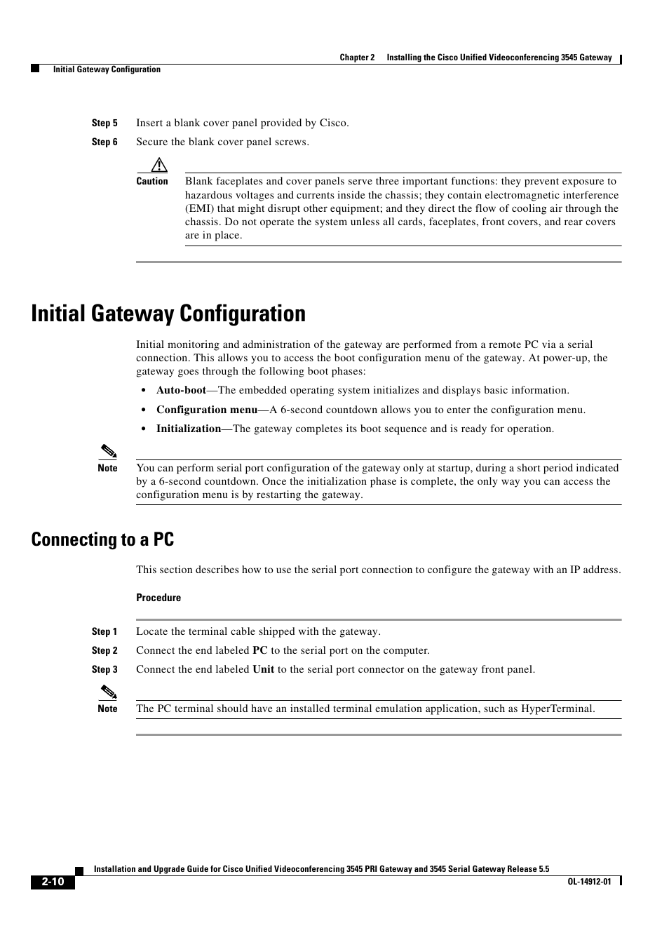 Initial gateway configuration, Connecting to a pc | Cisco 545 Serial User Manual | Page 30 / 74