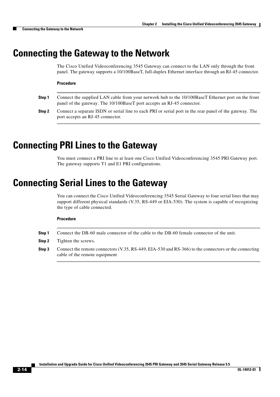 Connecting the gateway to the network, Connecting pri lines to the gateway, Connecting serial lines to the gateway | Cisco 545 Serial User Manual | Page 34 / 74
