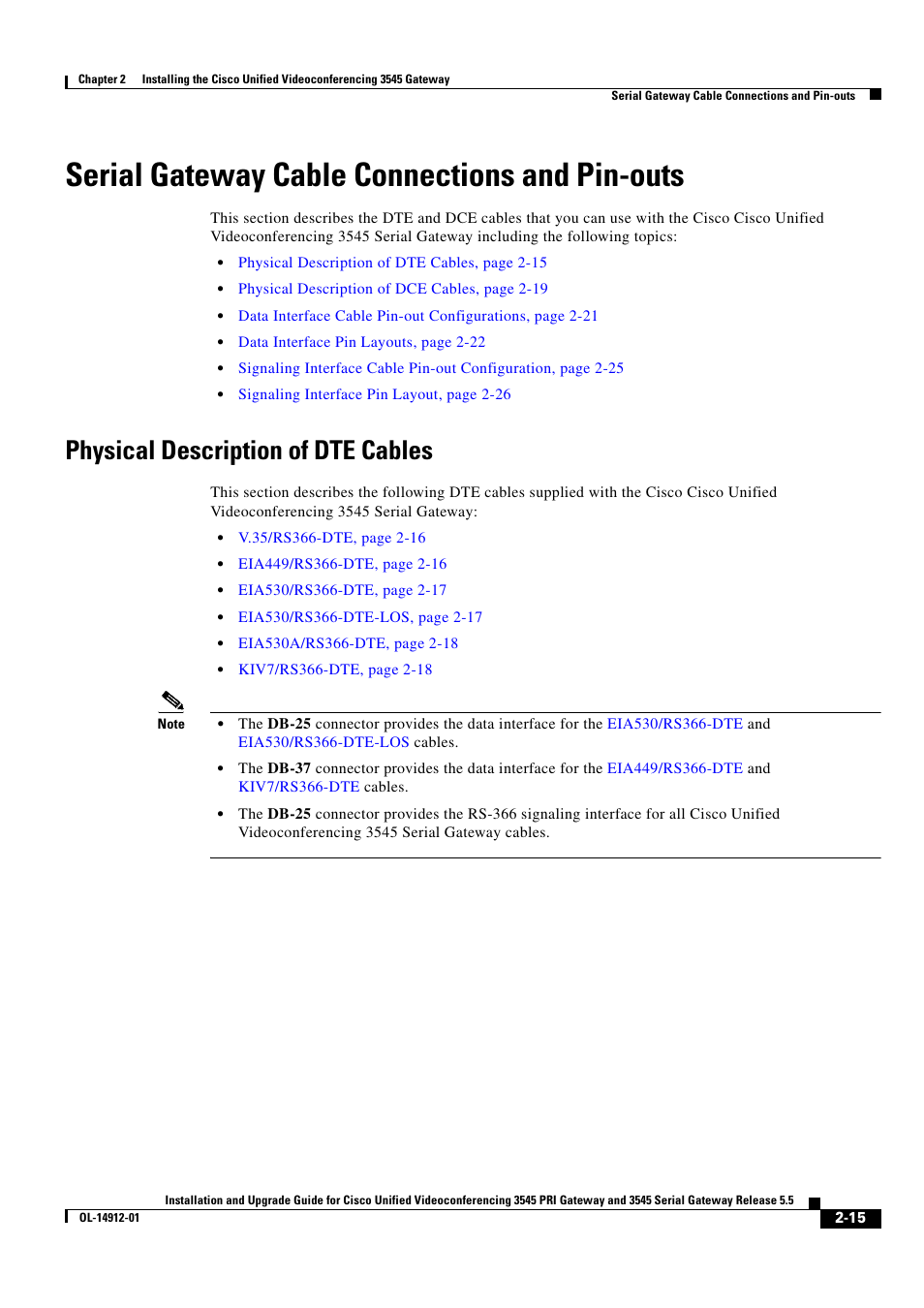 Serial gateway cable connections and pin-outs, Physical description of dte cables | Cisco 545 Serial User Manual | Page 35 / 74