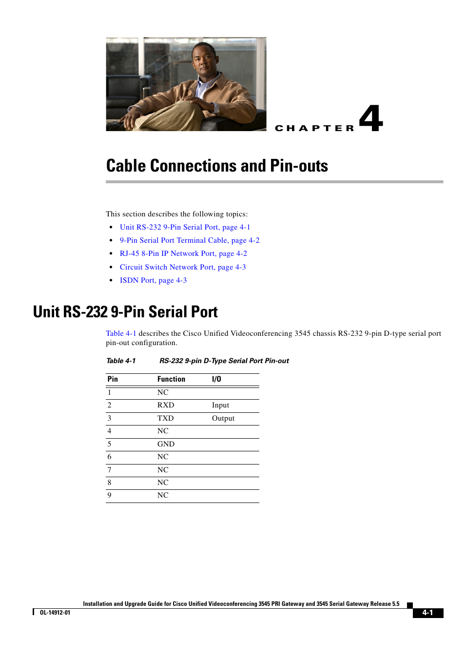 Cable connections and pin-outs, Unit rs-232 9-pin serial port, C h a p t e r | Cisco 545 Serial User Manual | Page 51 / 74