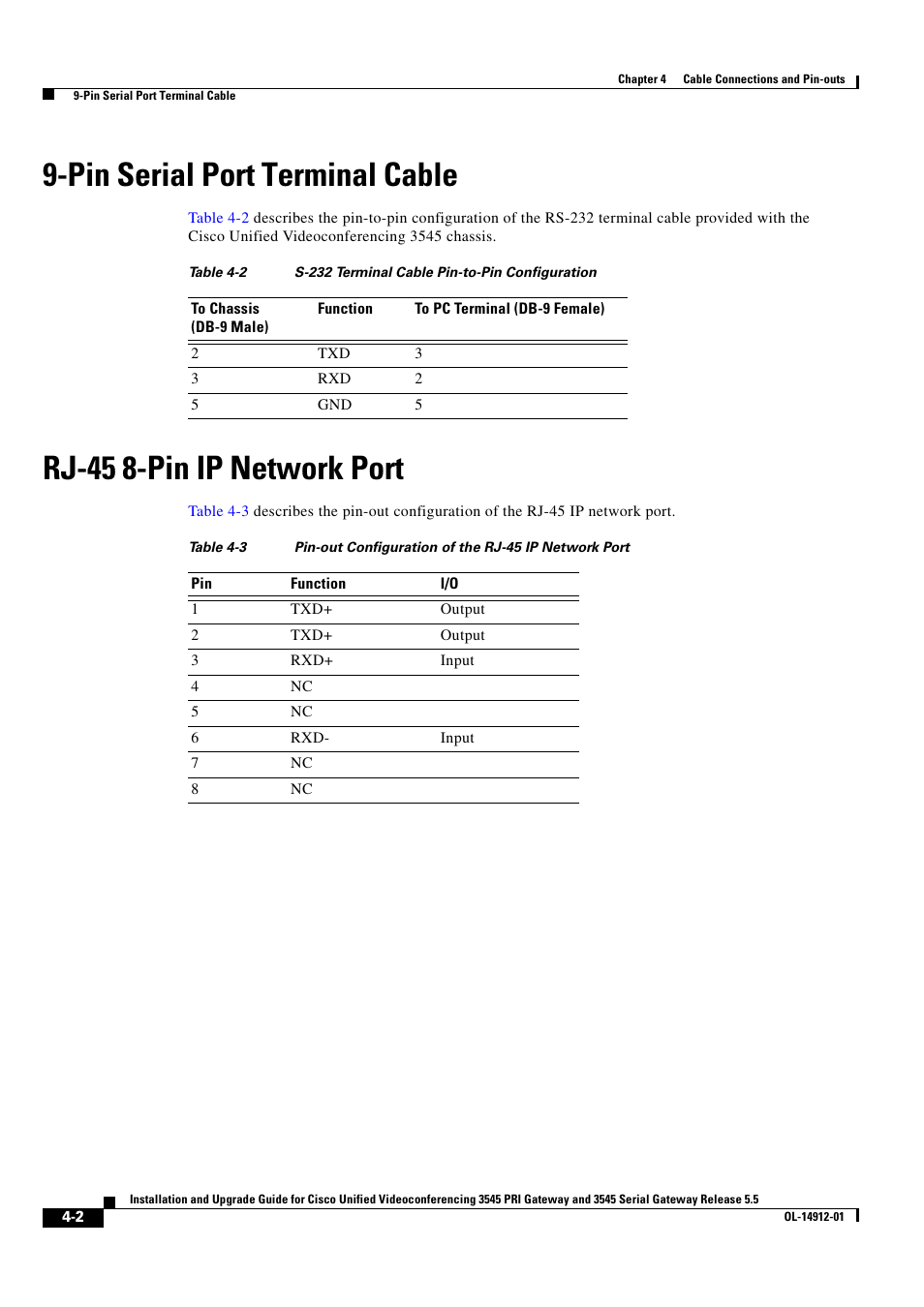Pin serial port terminal cable, Rj-45 8-pin ip network port | Cisco 545 Serial User Manual | Page 52 / 74