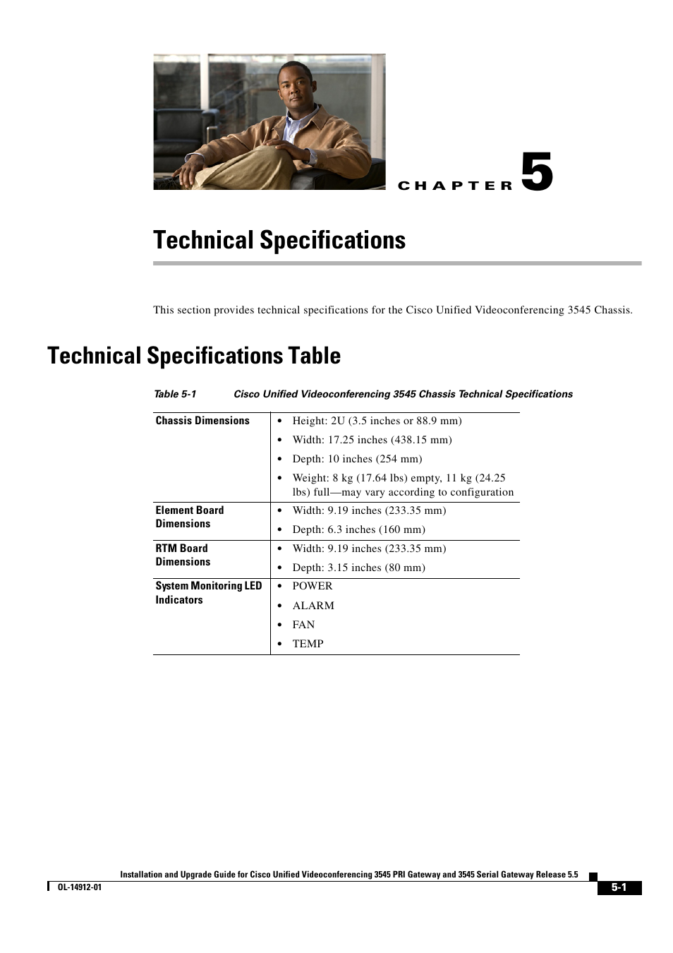 Technical specifications, Technical specifications table, C h a p t e r | Cisco 545 Serial User Manual | Page 55 / 74