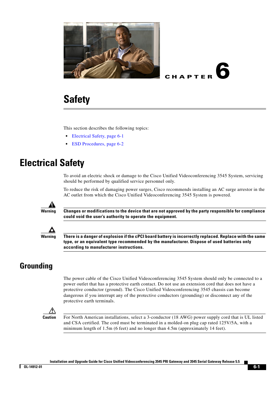 Safety, Electrical safety, Grounding | C h a p t e r | Cisco 545 Serial User Manual | Page 59 / 74