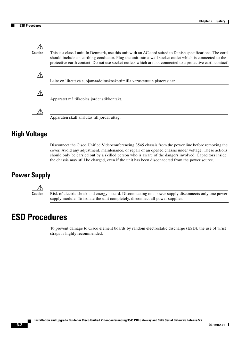 High voltage, Power supply, Esd procedures | Cisco 545 Serial User Manual | Page 60 / 74