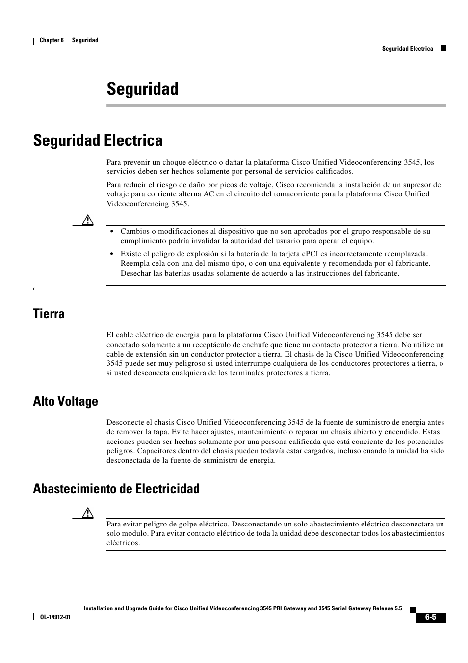 Seguridad, Seguridad electrica, Tierra | Alto voltage, Abastecimiento de electricidad | Cisco 545 Serial User Manual | Page 63 / 74