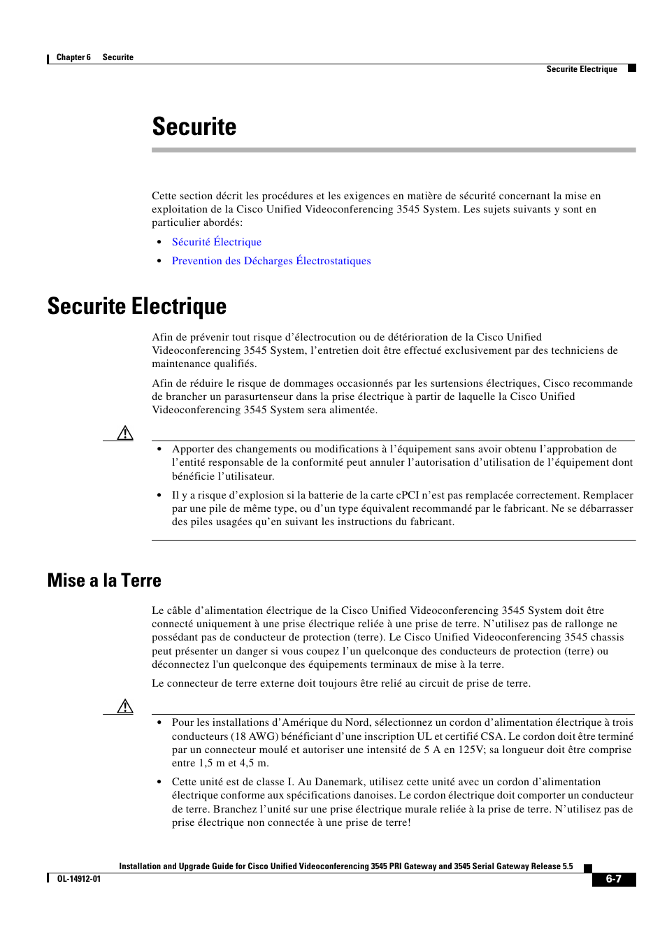 Securite, Securite electrique, Mise a la terre | Cisco 545 Serial User Manual | Page 65 / 74