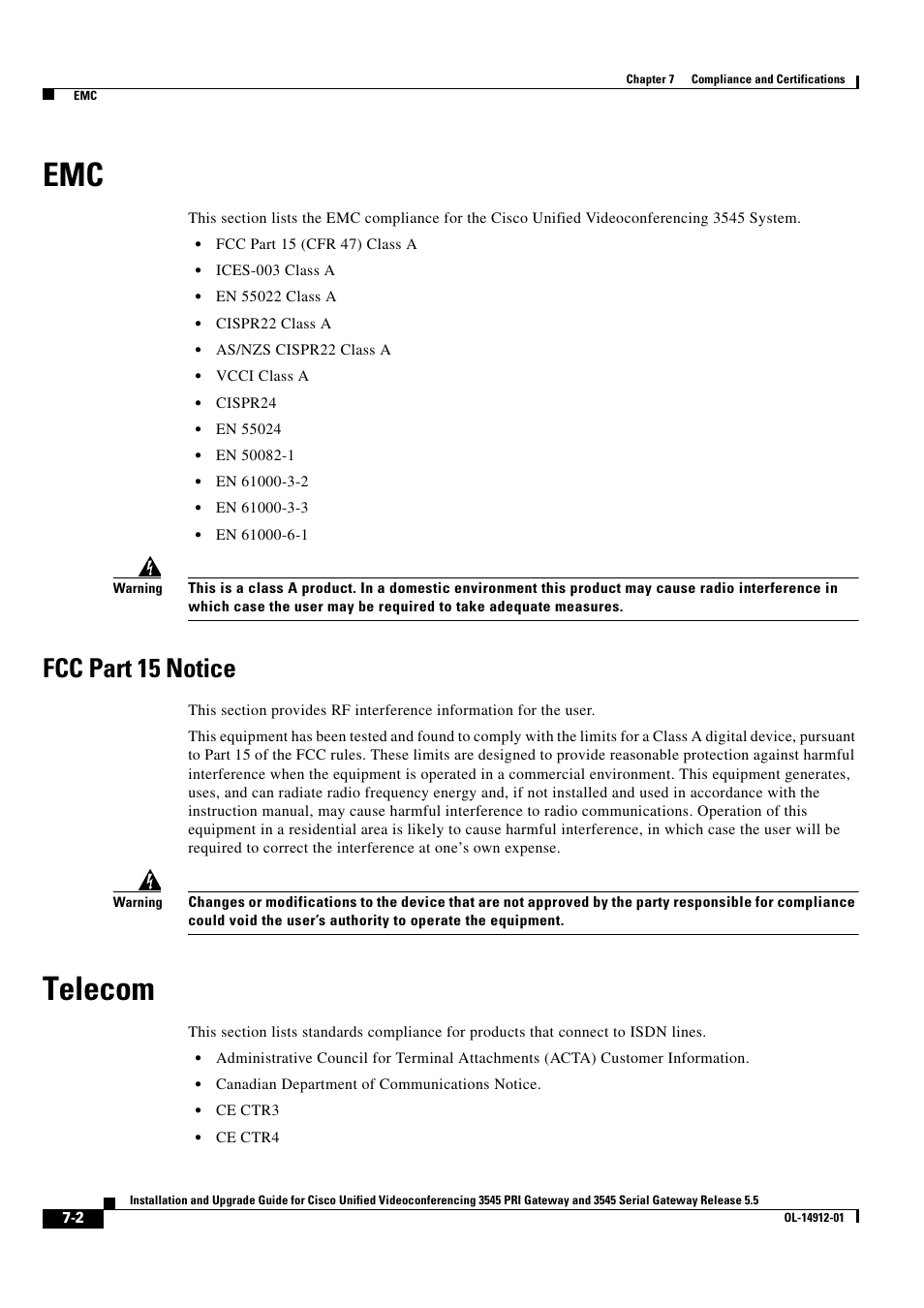 Fcc part 15 notice, Telecom | Cisco 545 Serial User Manual | Page 68 / 74