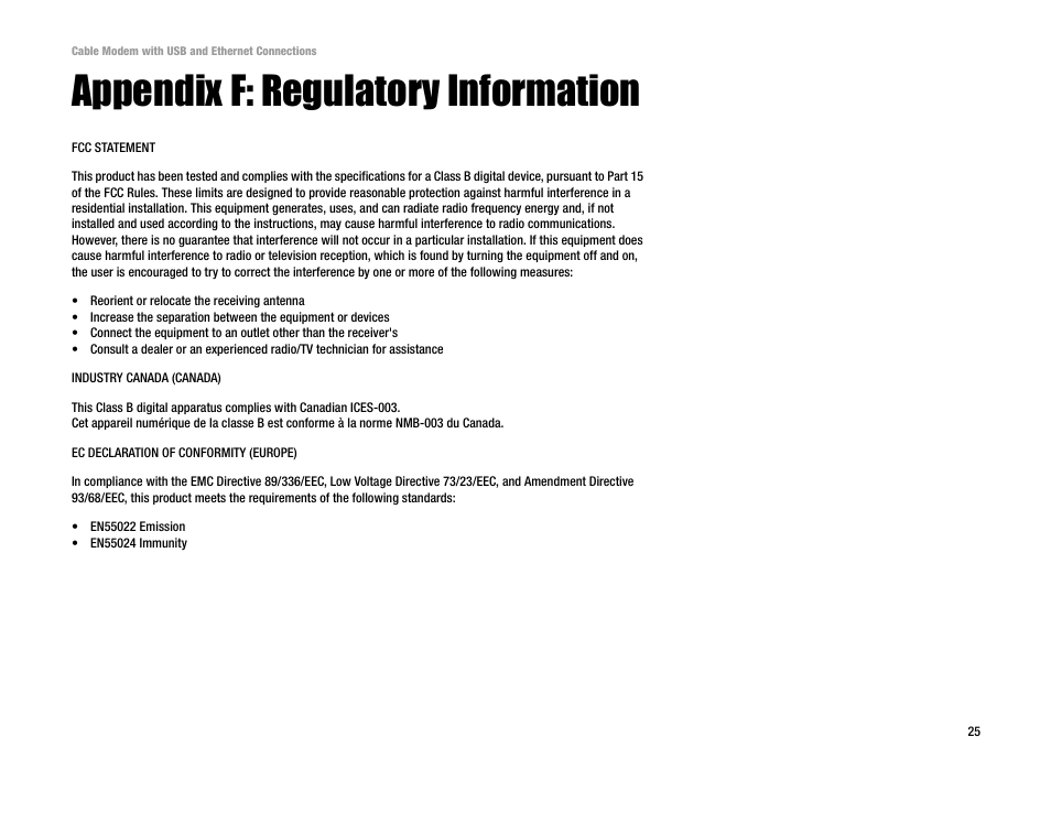 Appendix f: regulatory information | Cisco BEFCMU10 User Manual | Page 29 / 30