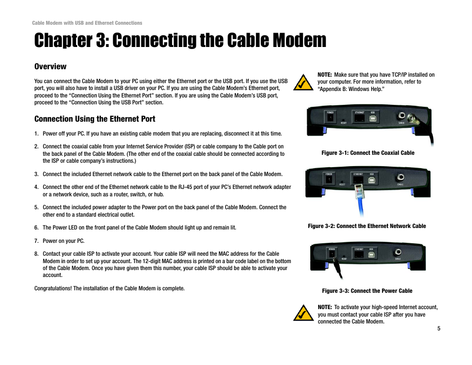 Chapter 3: connecting the cable modem, Overview, Connection using the ethernet port | Cisco BEFCMU10 User Manual | Page 9 / 30
