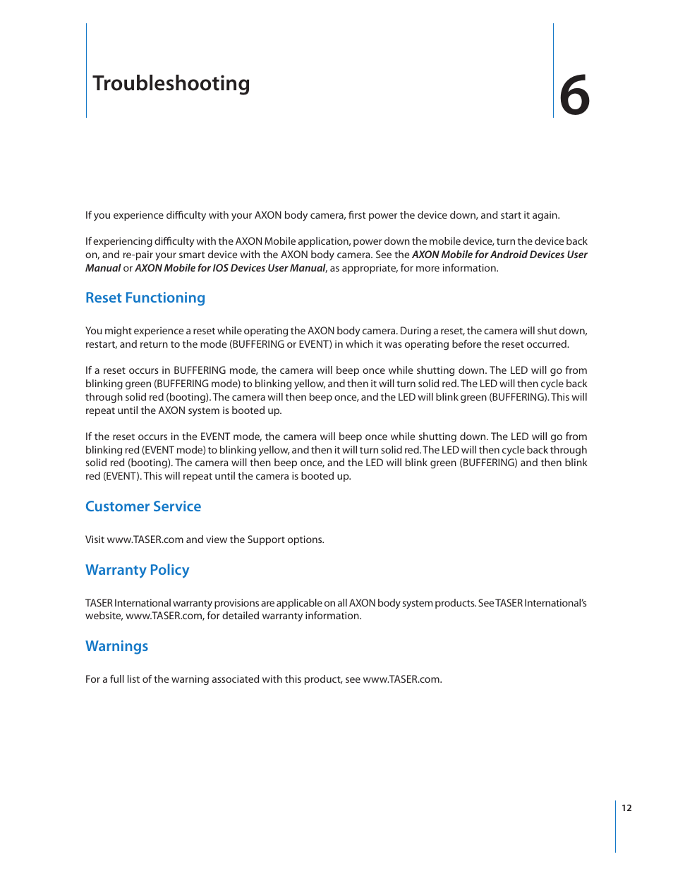 Troubleshooting | Taser Axon-Body User Manual | Page 12 / 15
