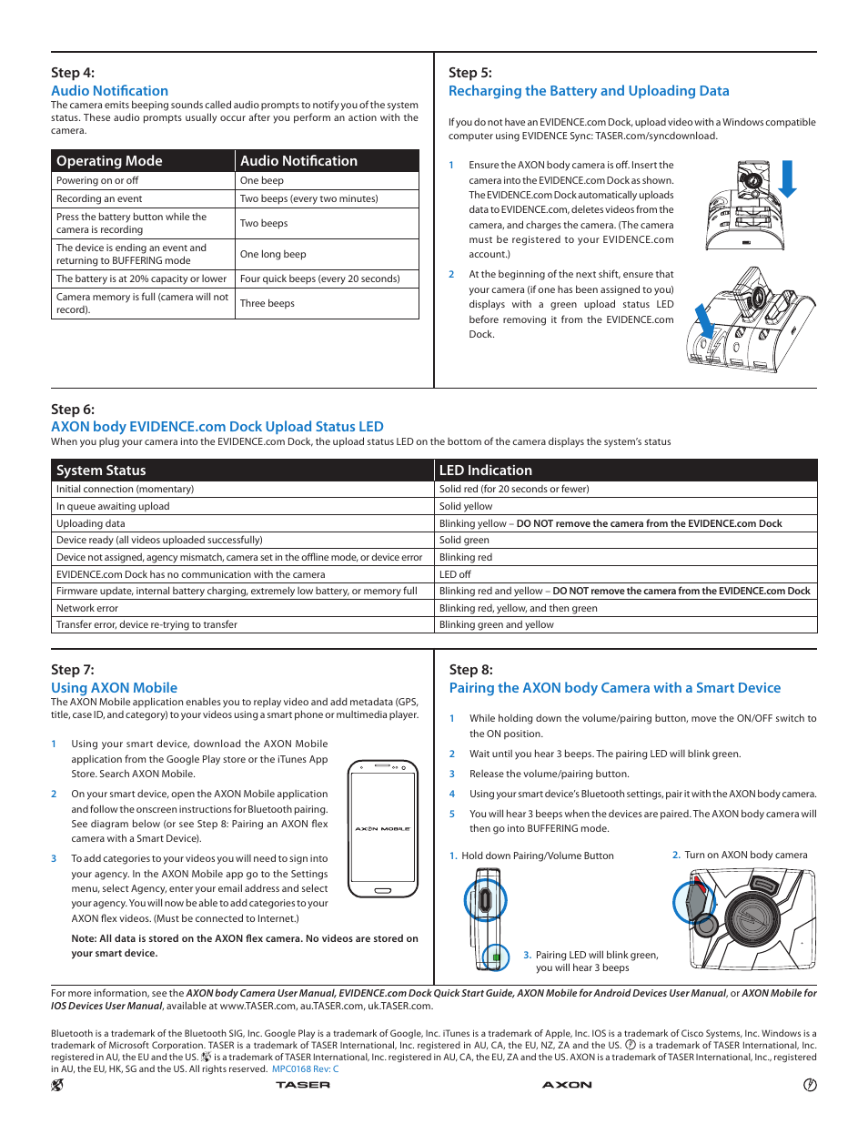 System status led indication, Step 7: using axon mobile, Step 4: audio notification | Operating mode audio notification, Step 5: recharging the battery and uploading data | Taser Axon-Body User Manual | Page 2 / 2