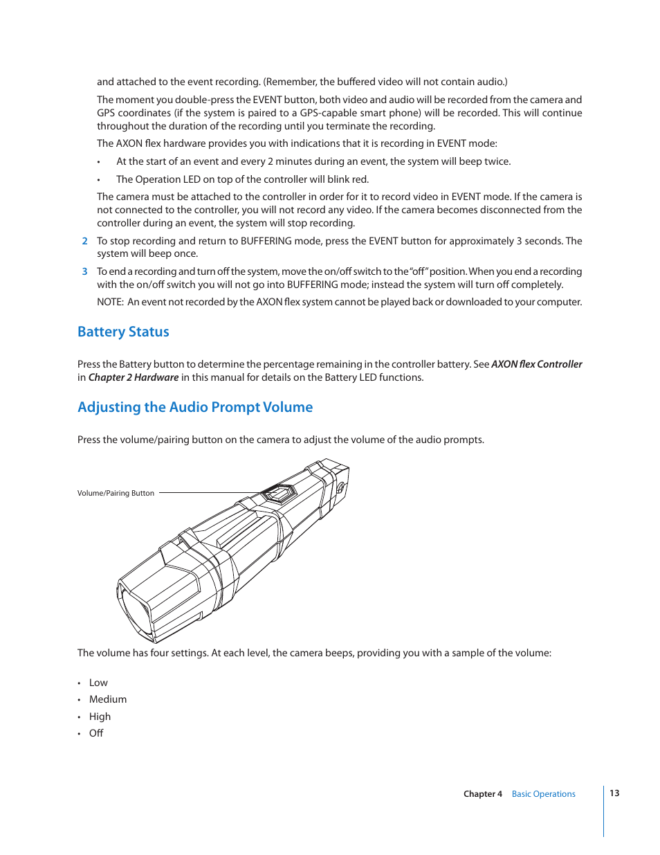 Battery status, Adjusting the audio prompt volume | Taser Axon-Flex User Manual | Page 13 / 19