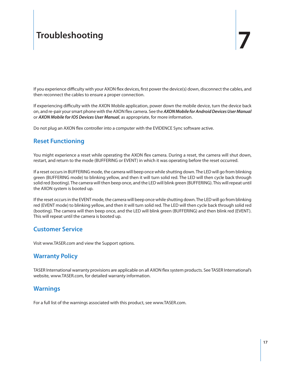 Troubleshooting | Taser Axon-Flex User Manual | Page 17 / 19