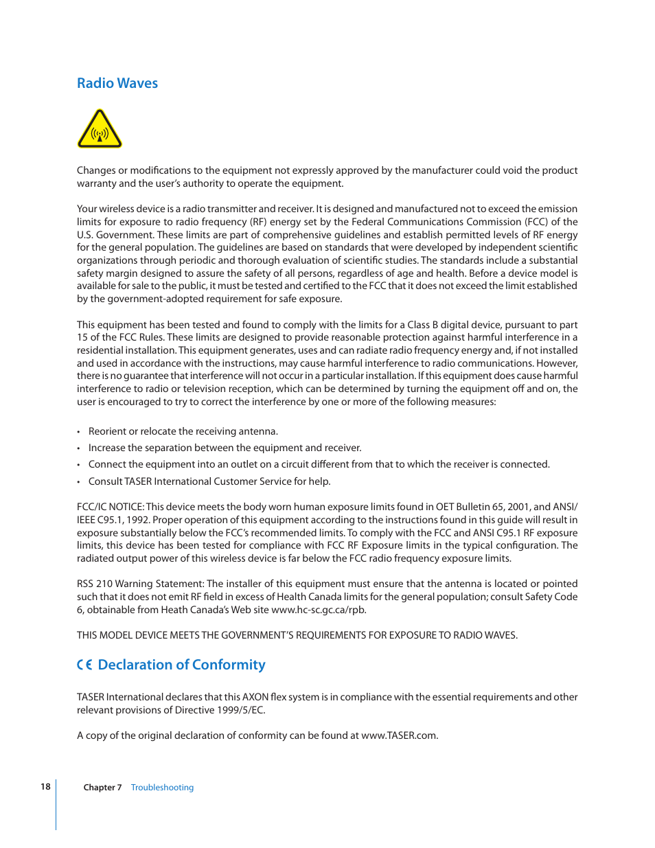 Radio waves, Declaration of conformity | Taser Axon-Flex User Manual | Page 18 / 19