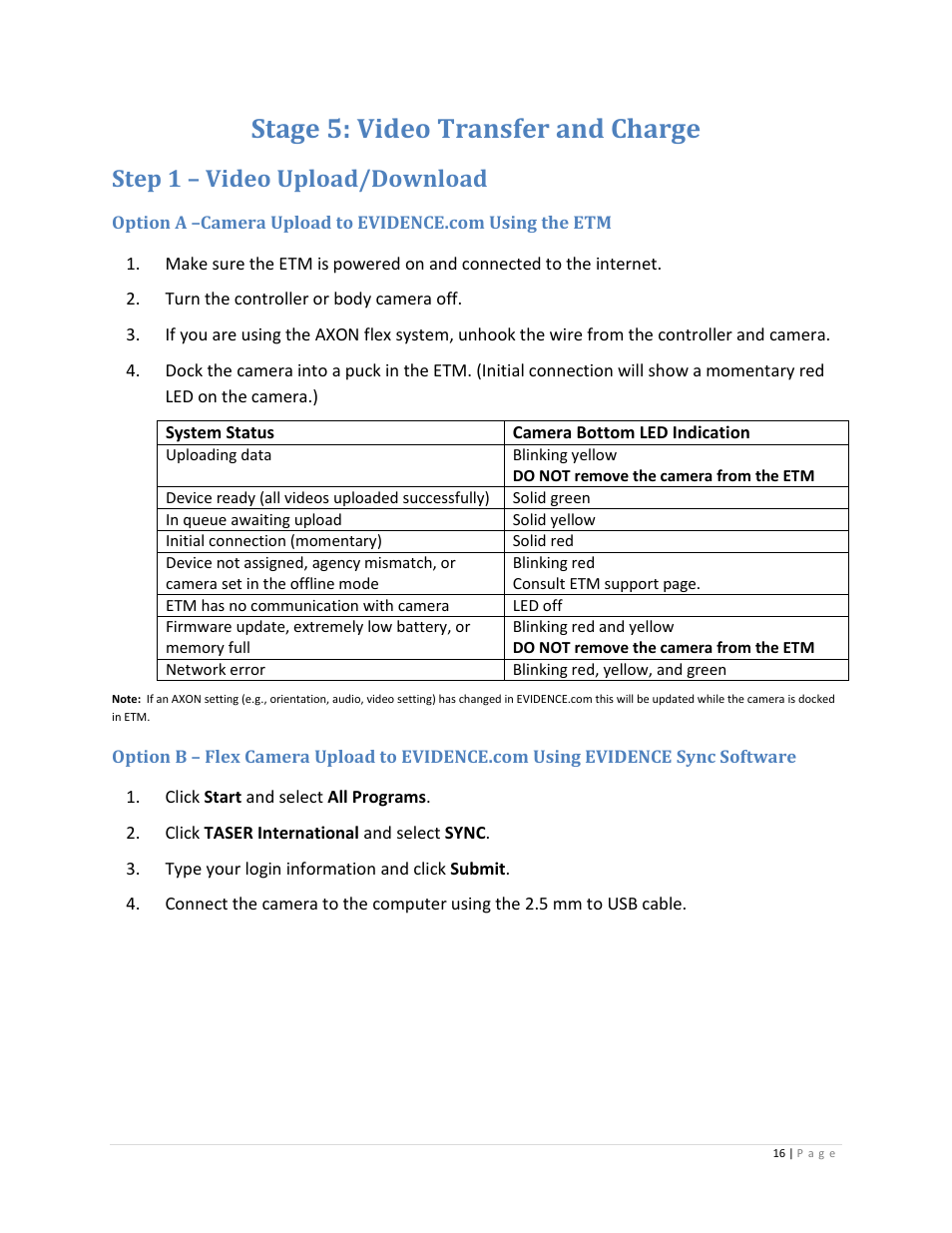 Stage 5: video transfer and charge, Step 1 – video upload/download, E 16 | Taser Axon-Flex User Manual | Page 16 / 22