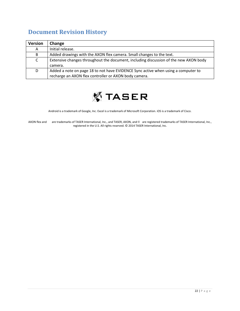 Document revision history | Taser Axon-Flex User Manual | Page 22 / 22