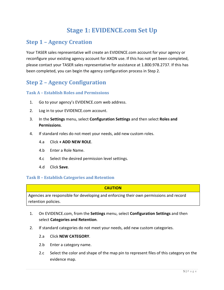 Stage 1: evidence.com set up, Step 1 – agency creation, Step 2 – agency configuration | Task a – establish roles and permissions, Task b – establish categories and retention | Taser Axon-Flex User Manual | Page 5 / 22