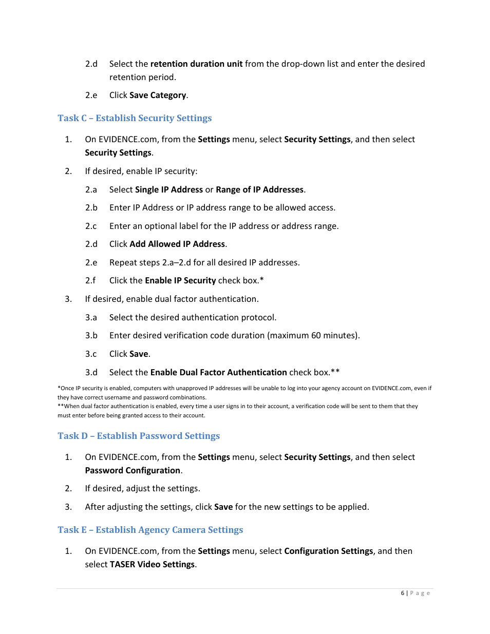 Task c – establish security settings, Task d – establish password settings, Task e – establish agency camera settings | Taser Axon-Flex User Manual | Page 6 / 22
