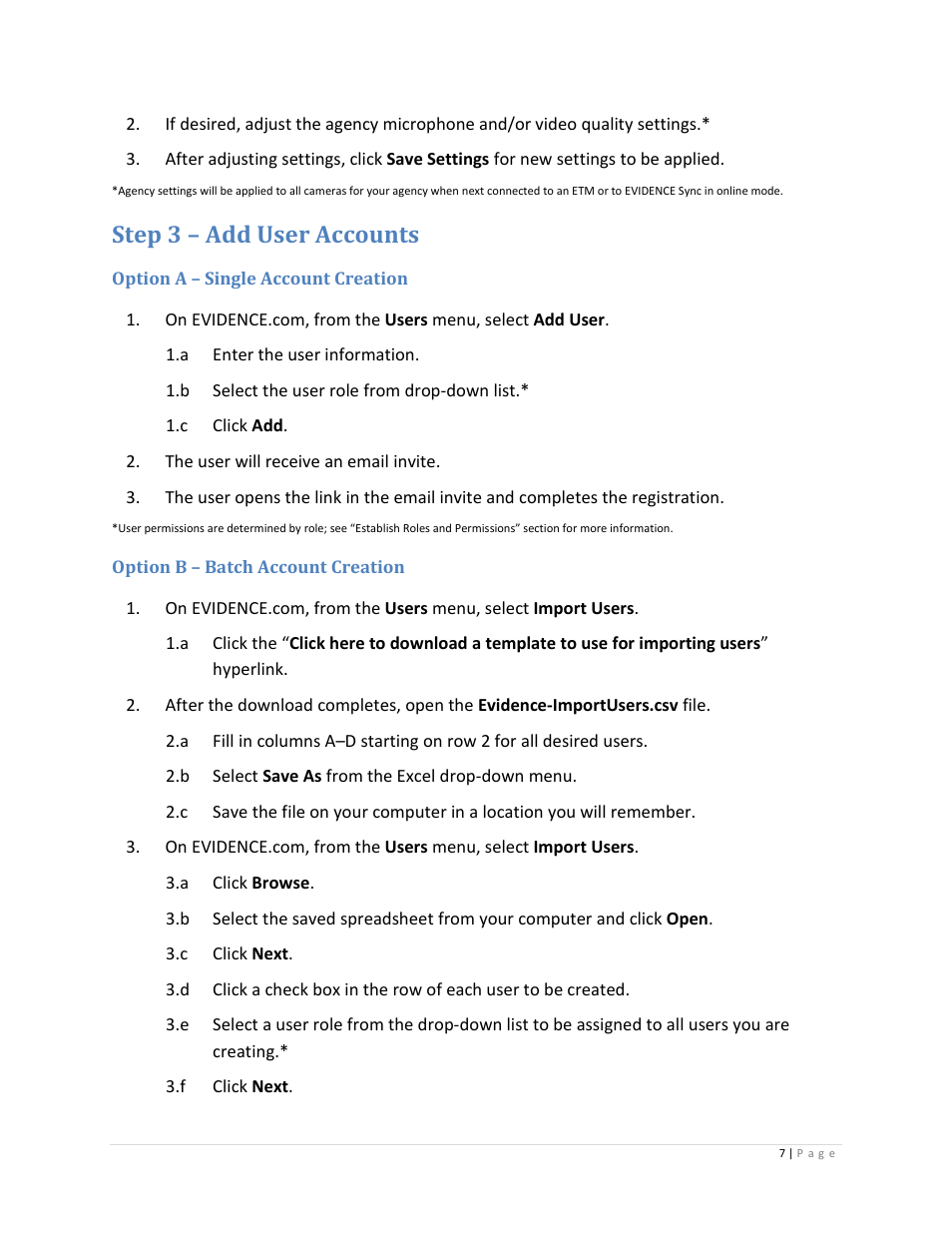 Step 3 – add user accounts, Option a – single account creation, Option b – batch account creation | Taser Axon-Flex User Manual | Page 7 / 22