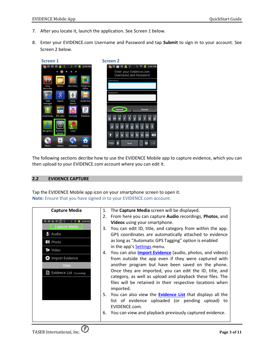 2 evidence capture | Taser Evidence-Mobile User Manual | Page 3 / 11