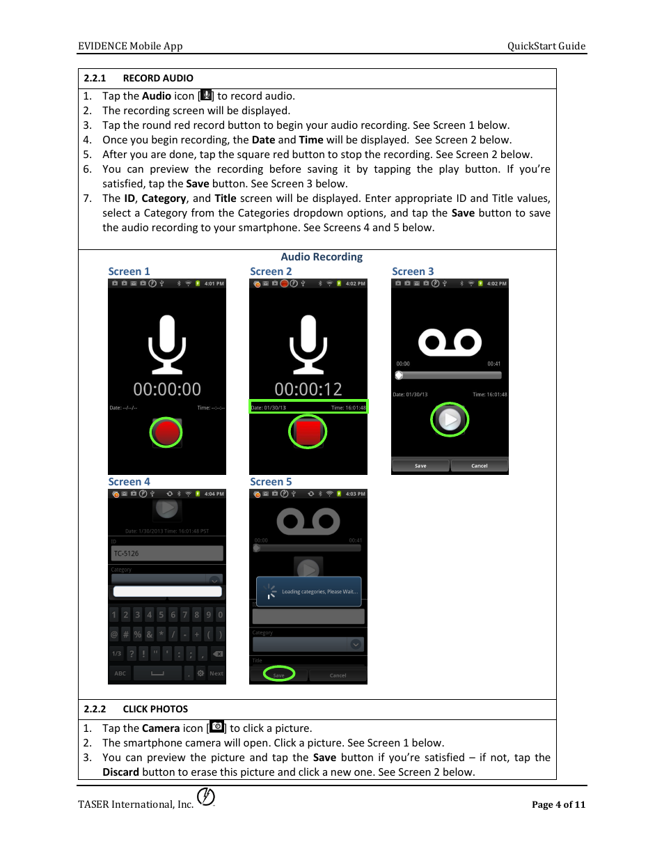 Record audio, Click photos | Taser Evidence-Mobile User Manual | Page 4 / 11