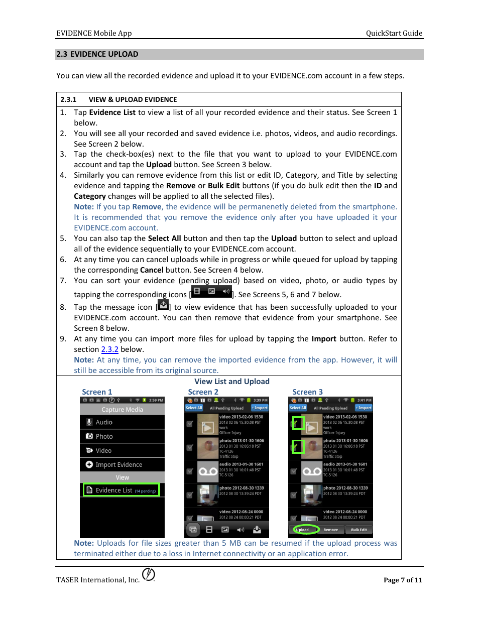 3 evidence upload, View & upload evidence, Evidence list | Taser Evidence-Mobile User Manual | Page 7 / 11