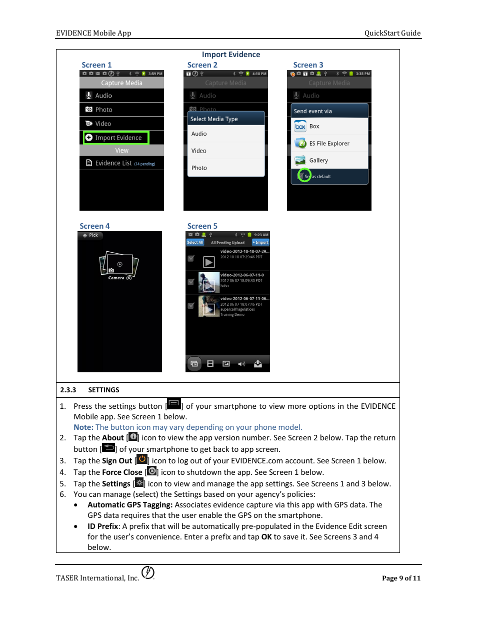 Settings | Taser Evidence-Mobile User Manual | Page 9 / 11