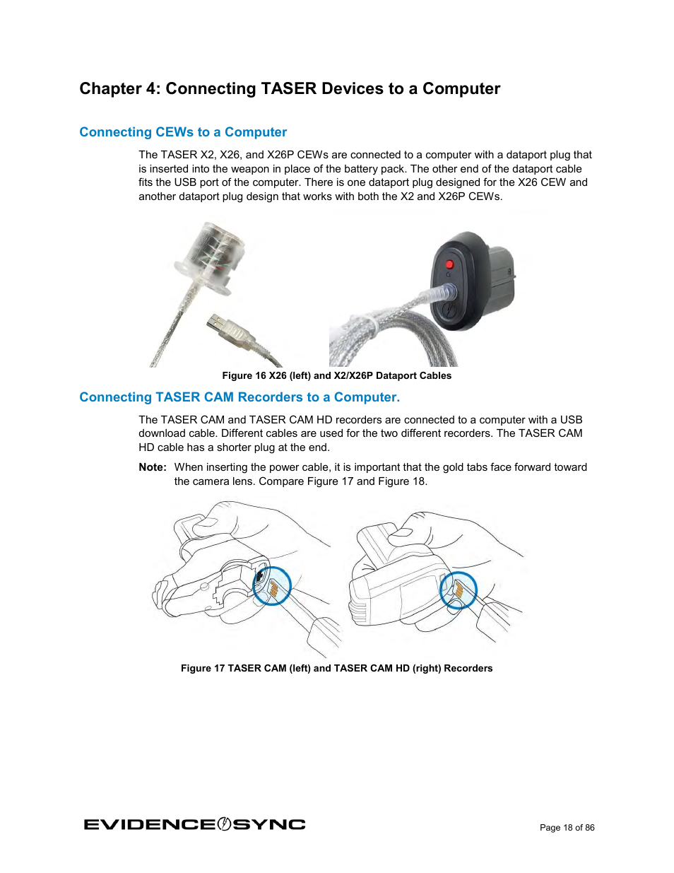 Chapter 4: connecting taser devices to a computer, Connecting cews to a computer, Connecting taser cam recorders to a computer | Taser Evidence-Sync User Manual | Page 18 / 86