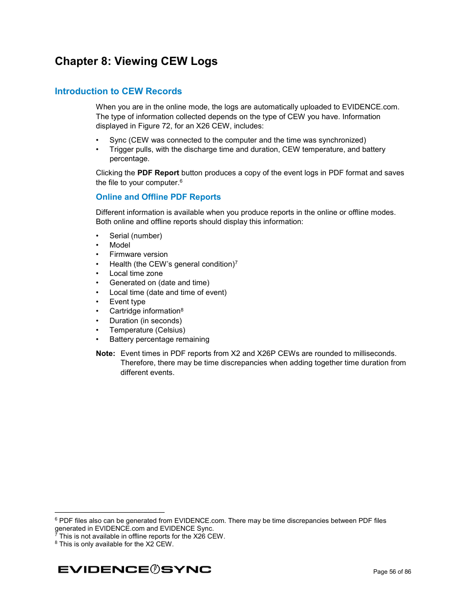 Chapter 8: viewing cew logs, Introduction to cew records, Online and offline pdf reports | Taser Evidence-Sync User Manual | Page 56 / 86