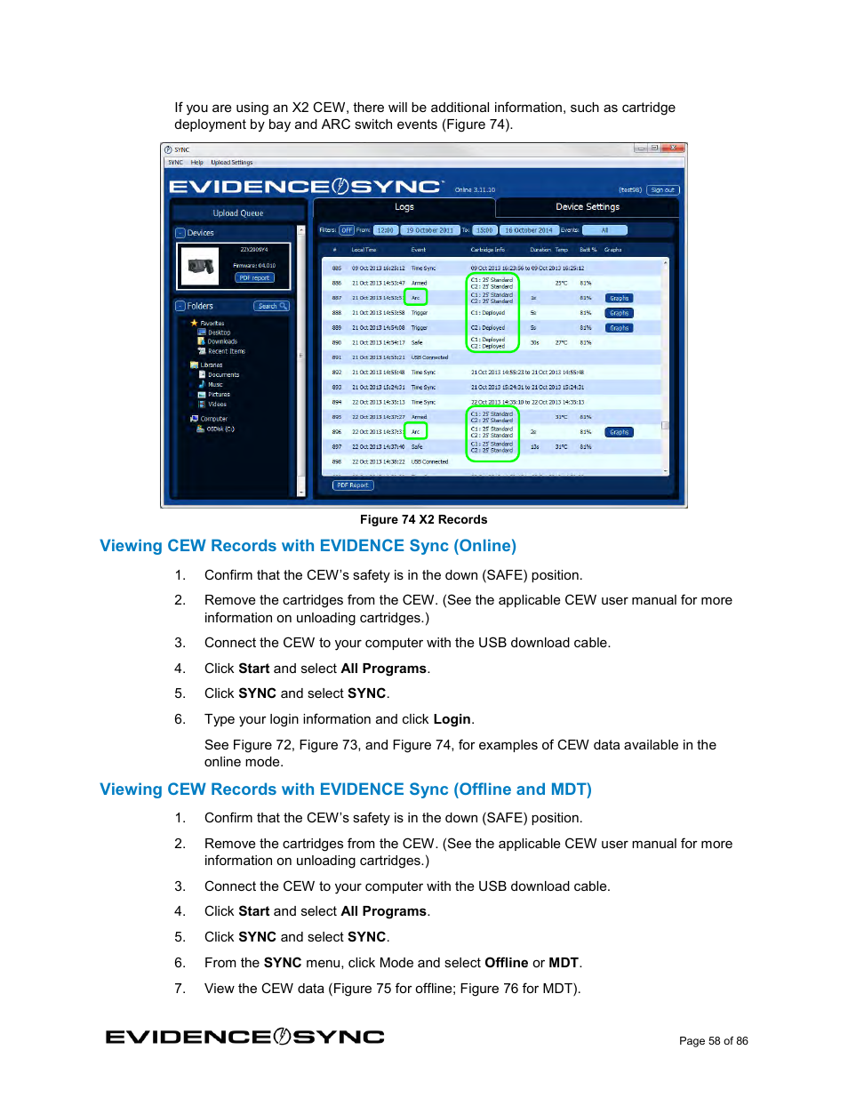 Viewing cew records with evidence sync (online) | Taser Evidence-Sync User Manual | Page 58 / 86
